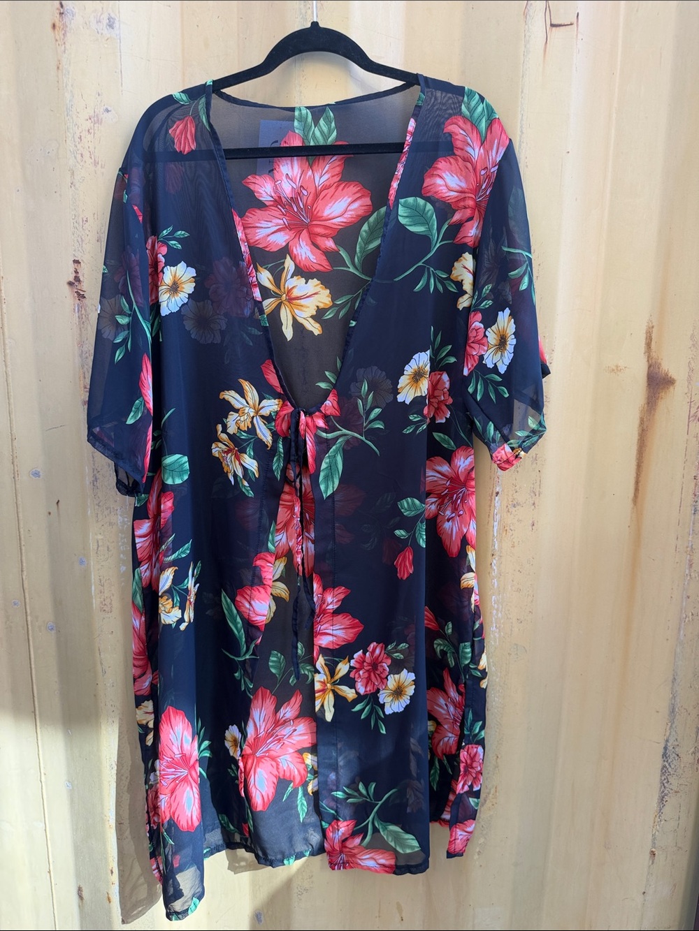 Sheer Black Floral Tie-Front Kimono Cover-Up